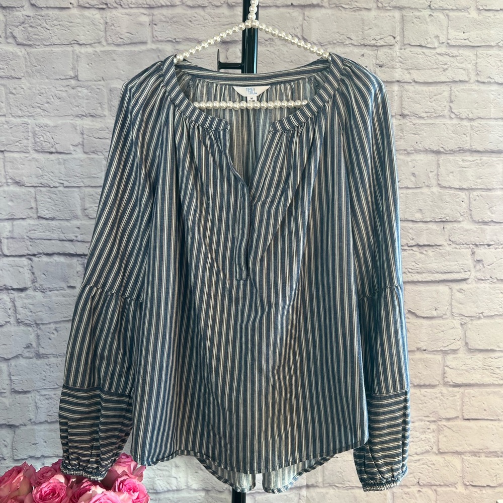 Time & Tru Blue Striped Long Sleeve Boho Style Blouse - Size Medium